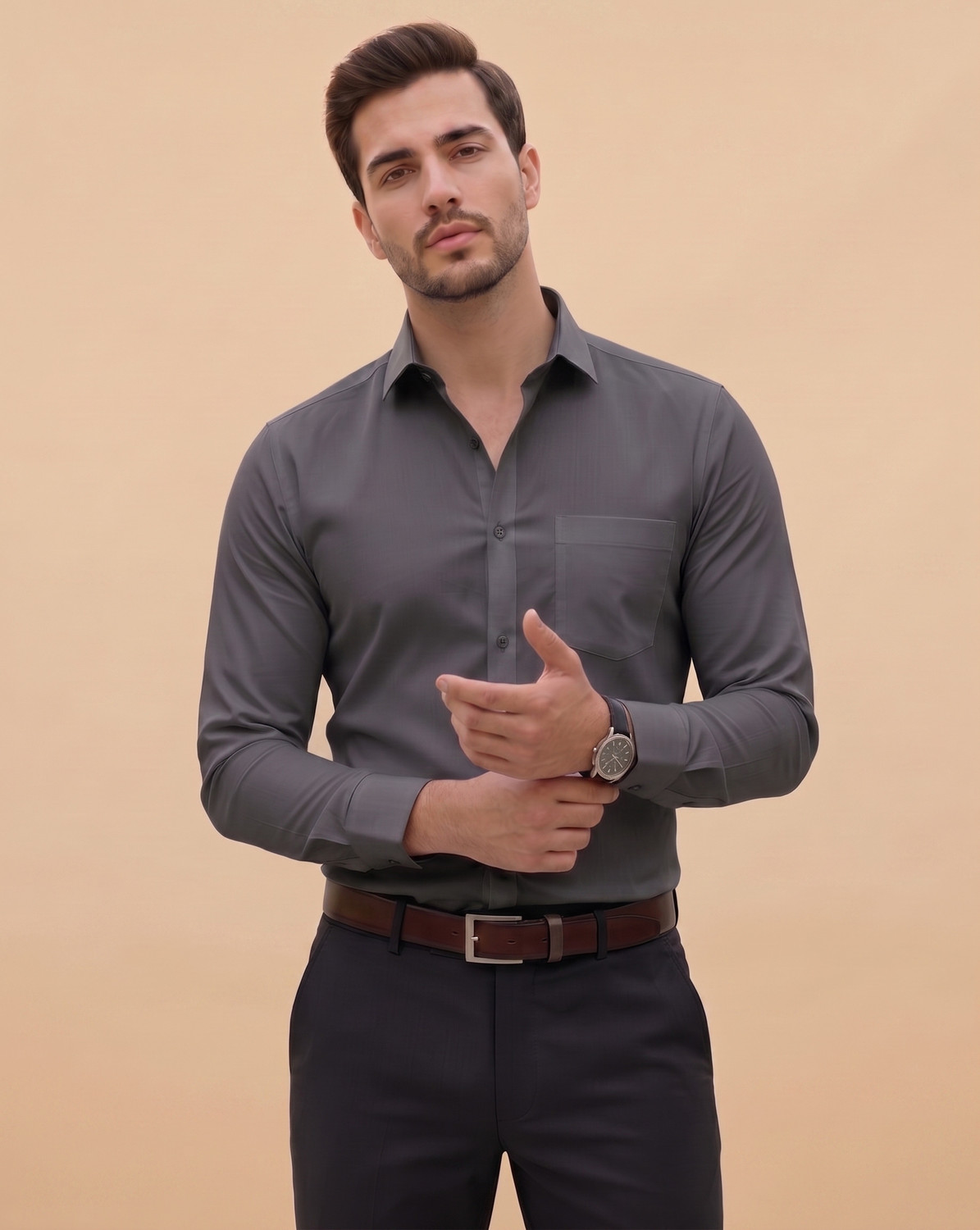 Image of METRONAUT Men Solid Formal Grey Shirt