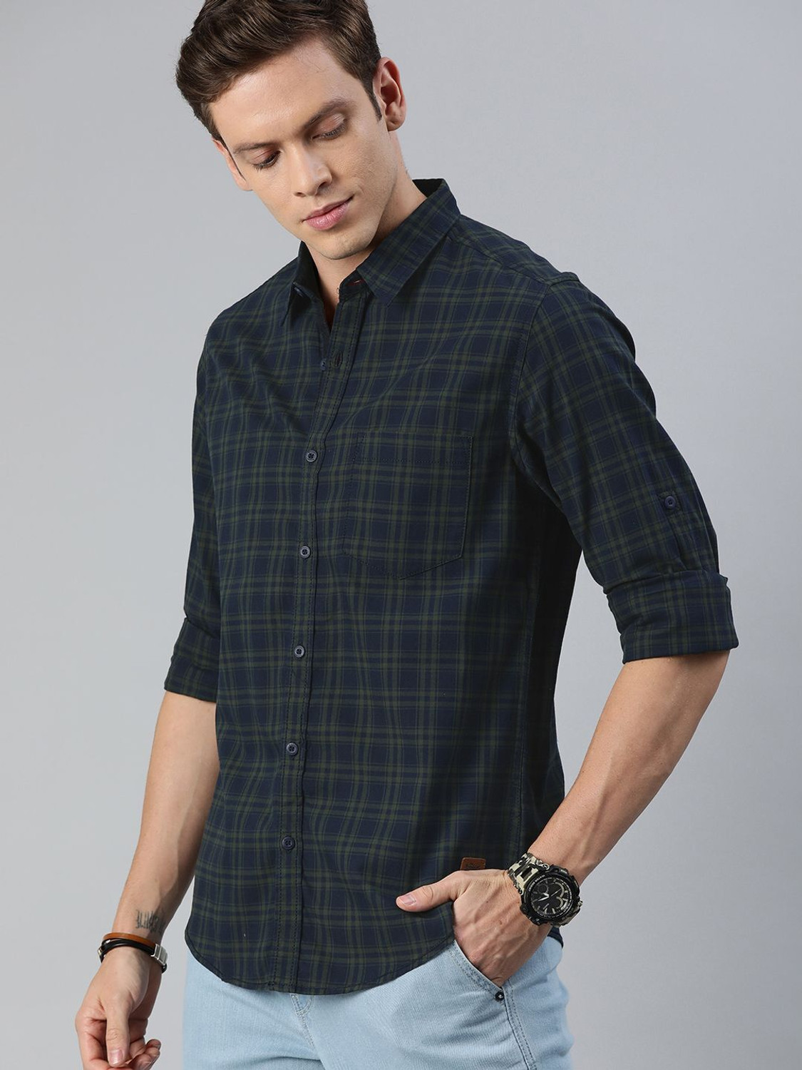 Image of Roadster Men Checkered Casual Dark Blue Shirt