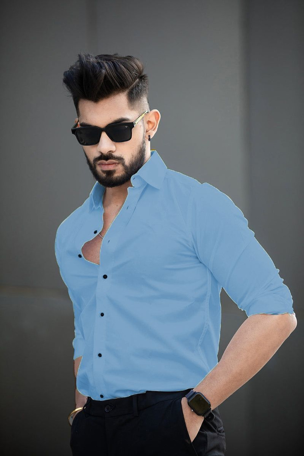 Image of EVIQE Men Solid Casual Light Blue Shirt