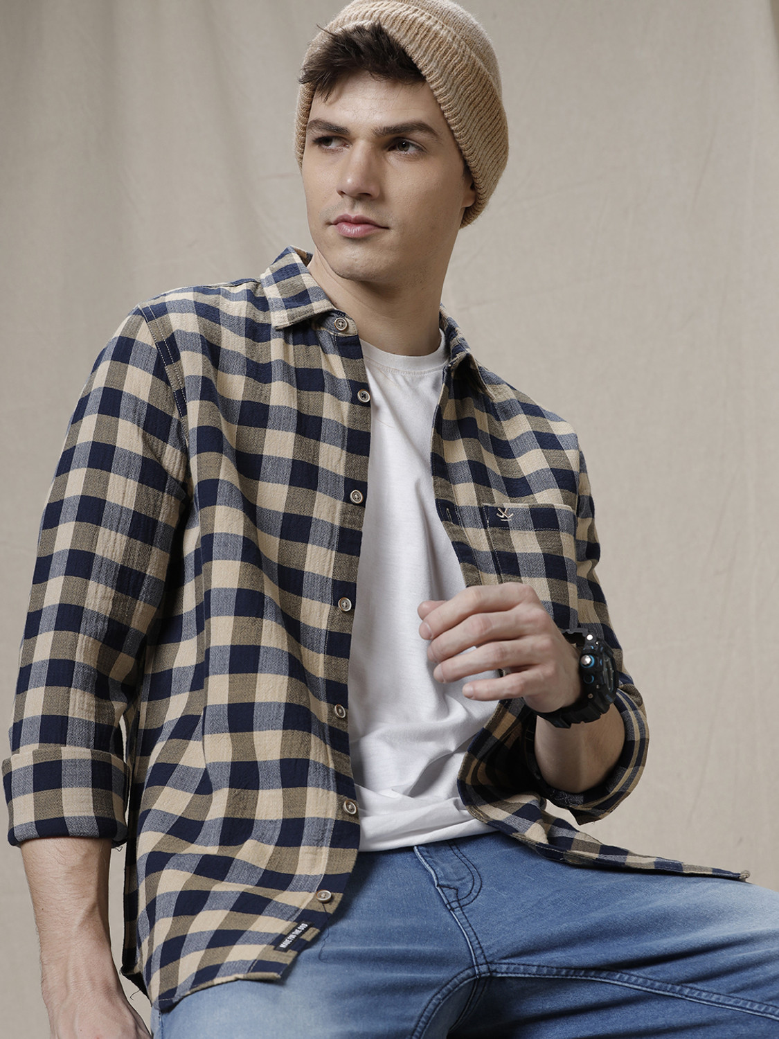 Image of WROGN Men Checkered Casual Beige, Dark Blue Shirt