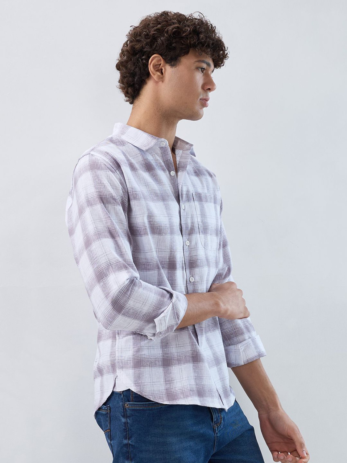 Image of HERE&NOW Men Checkered Casual White Shirt
