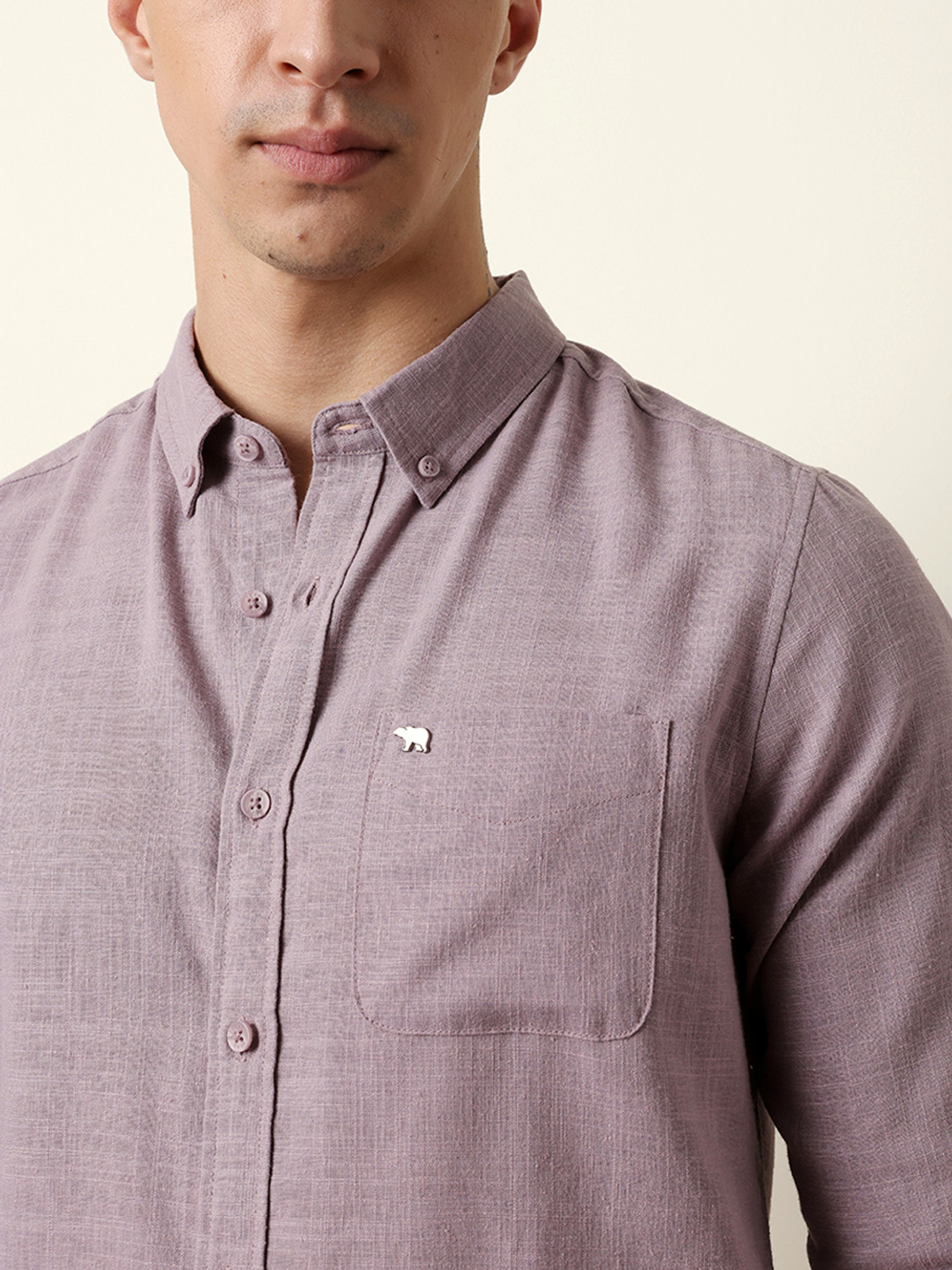 Image of THE BEAR HOUSE Men Self Design Casual Purple Shirt