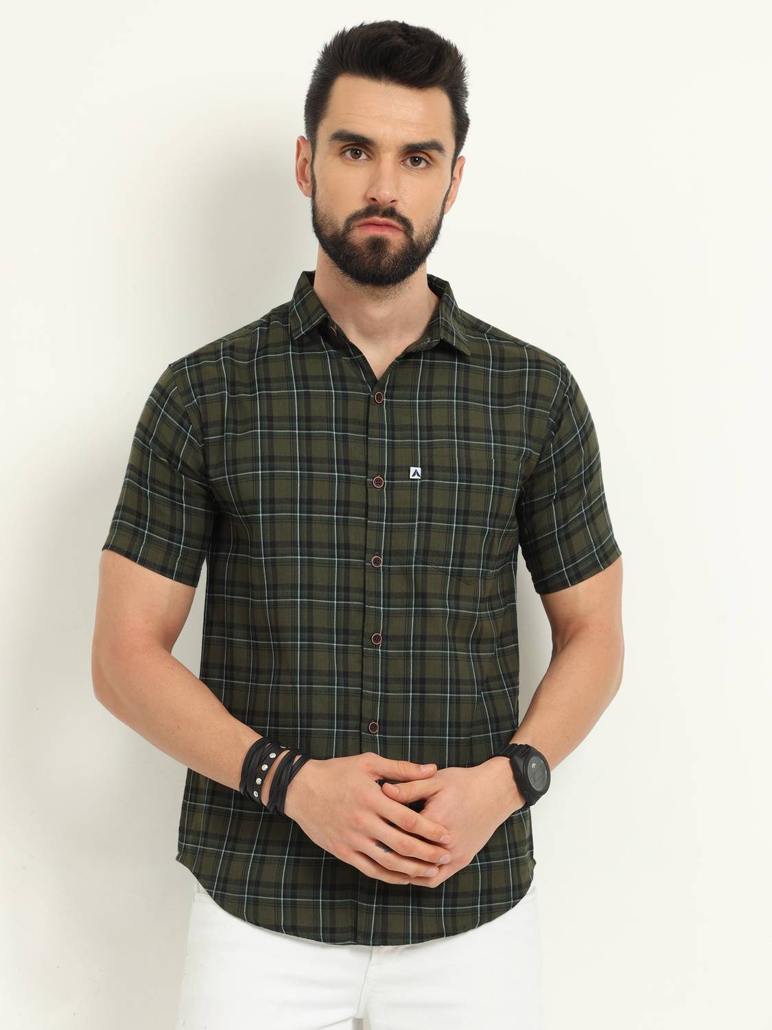 ALLWIN PAUL Men Checkered Casual Green Shirt