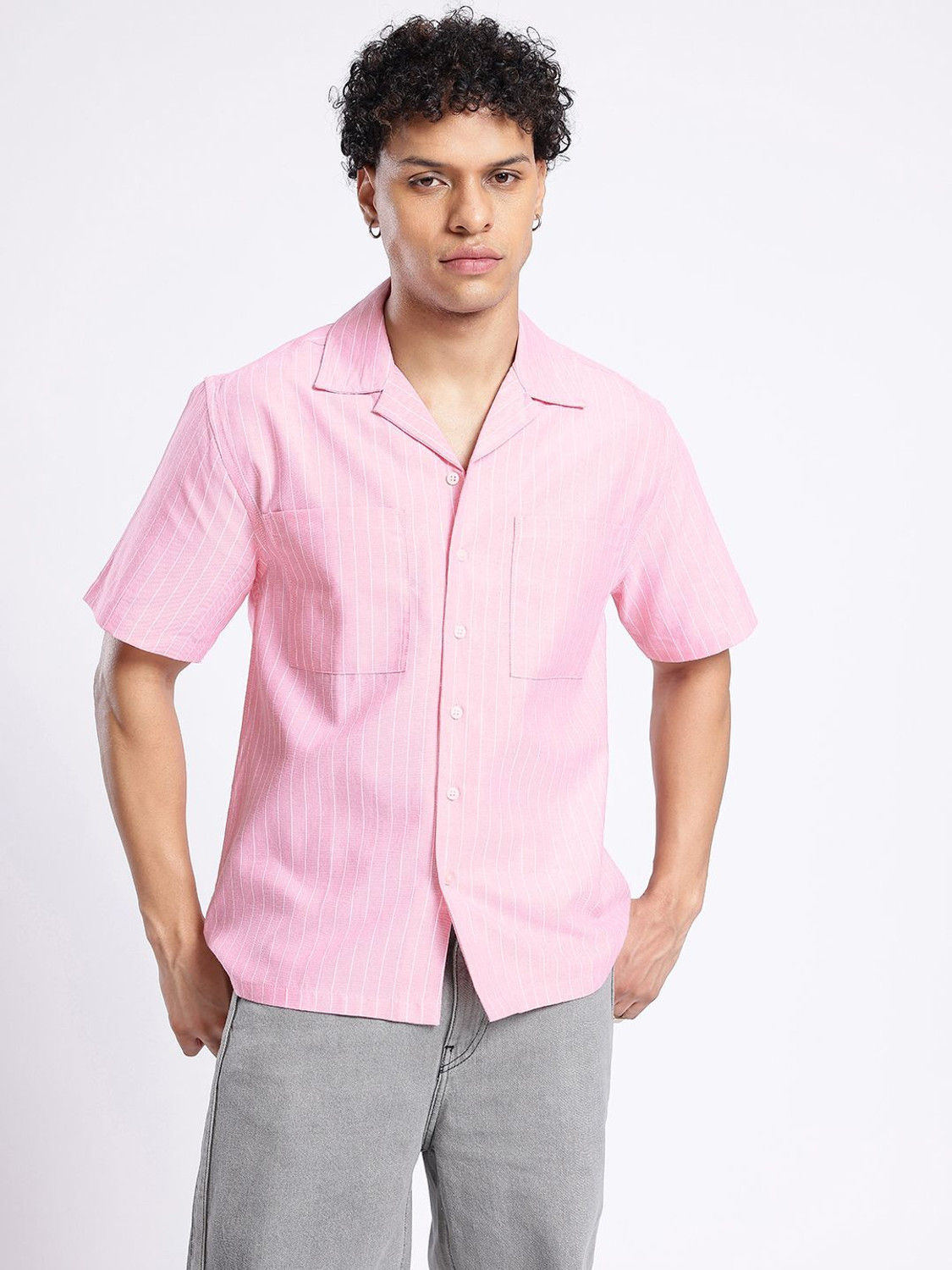 Image of Glitchez Men Striped Casual Pink Shirt