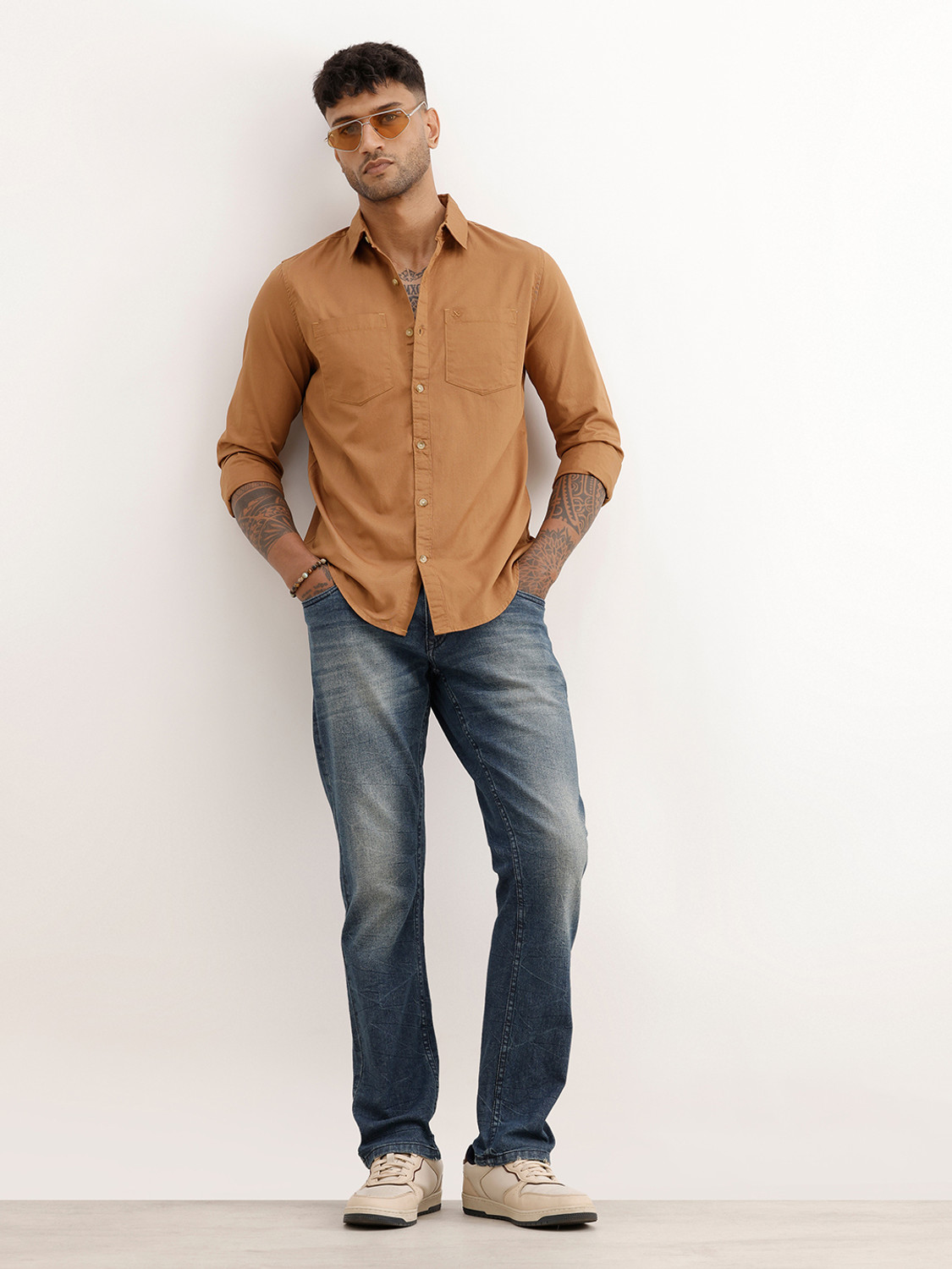 Image of WROGN Men Solid Casual Khaki Shirt
