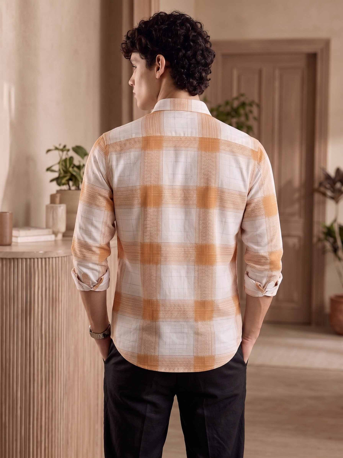 Image of ZONANZA Men Checkered Casual White, Brown Shirt