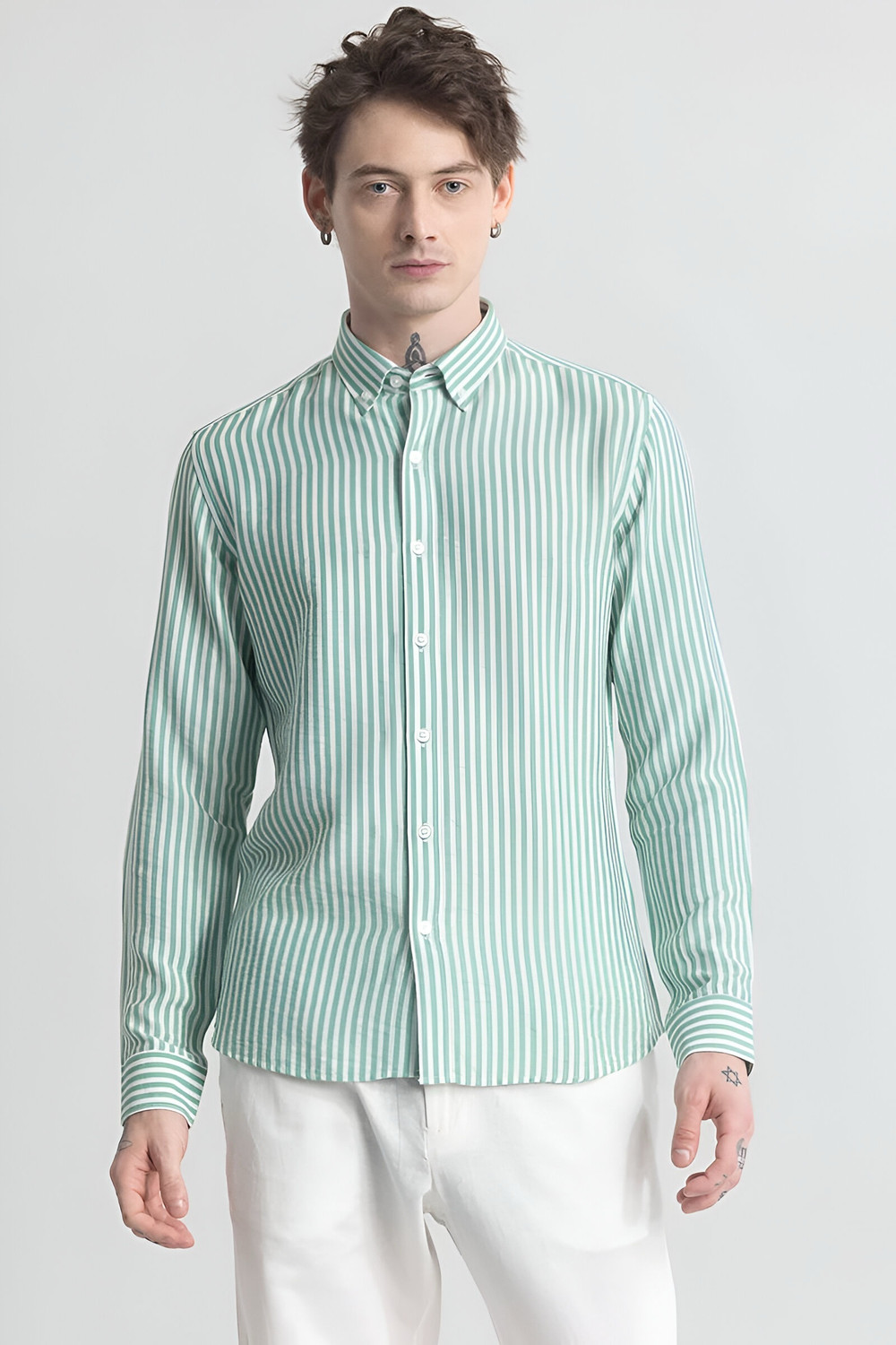 Image of METRONAUT Men Striped Casual Green Shirt