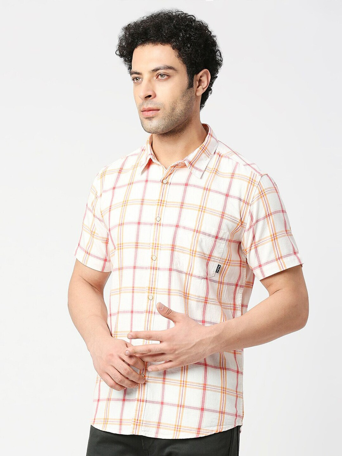 Image of Pepe Jeans Men Checkered Casual Orange Shirt