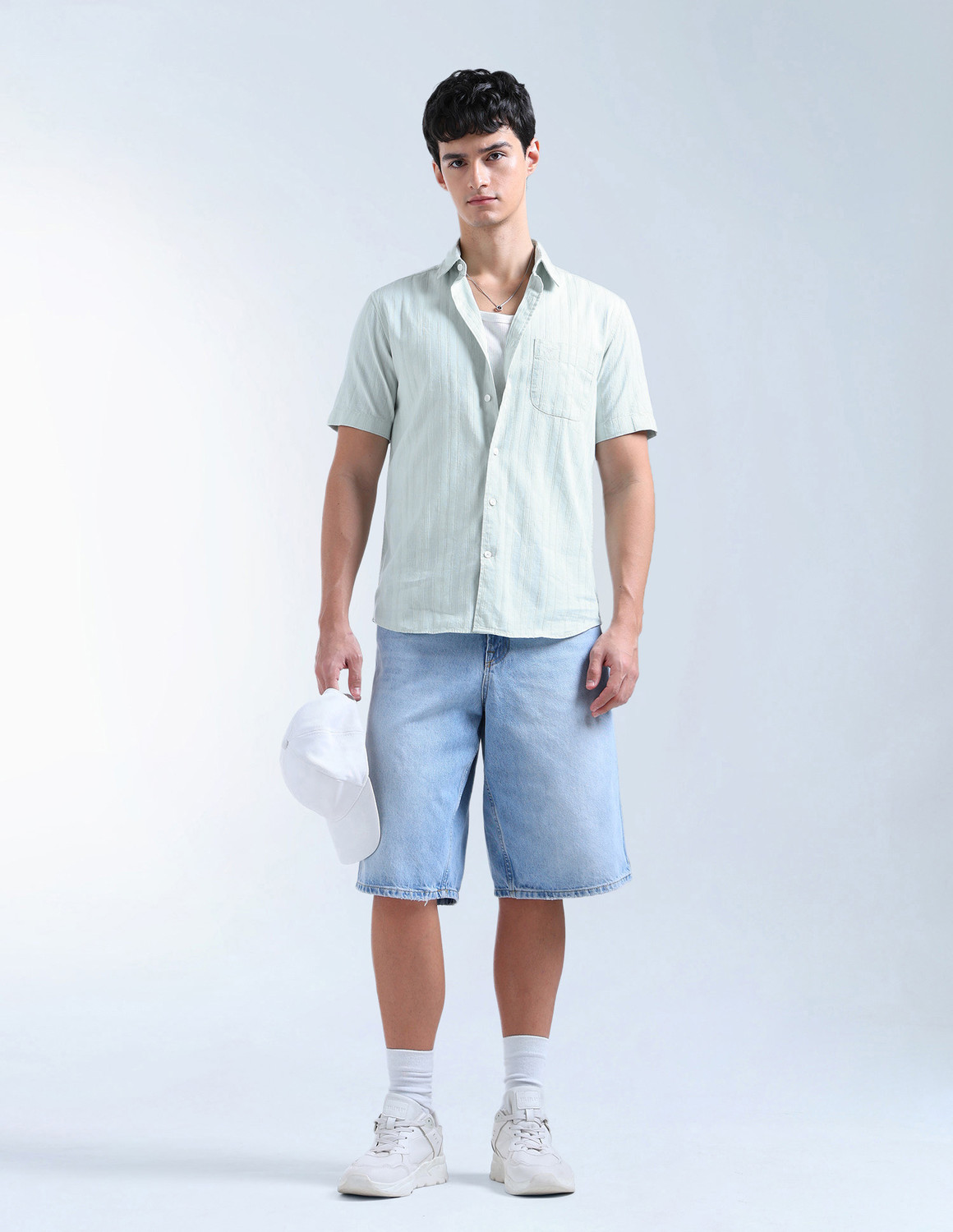Image of FLYING MACHINE Men Self Design Casual Green Shirt
