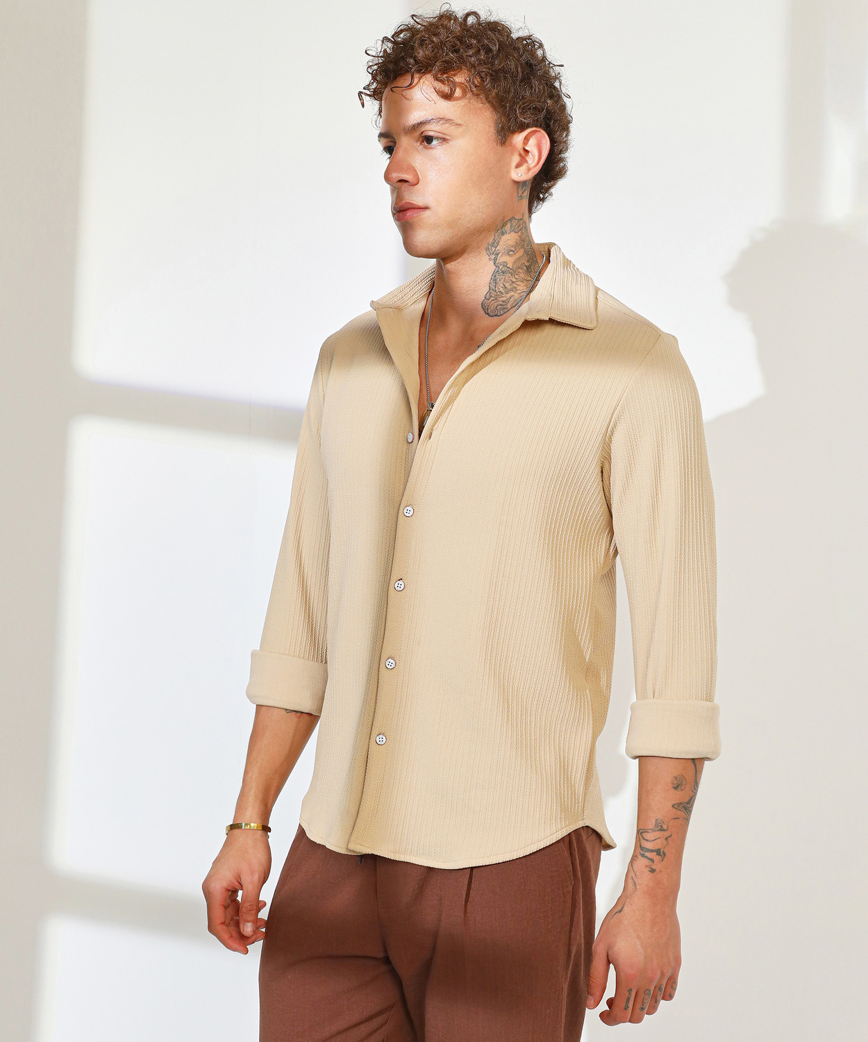 Image of CAMPUS SUTRA Men Solid Casual Beige Shirt