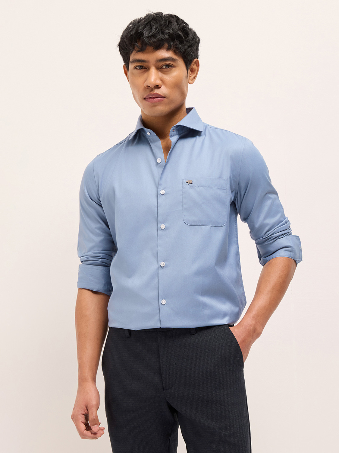 Image of THE BEAR HOUSE Men Solid Formal Blue Shirt