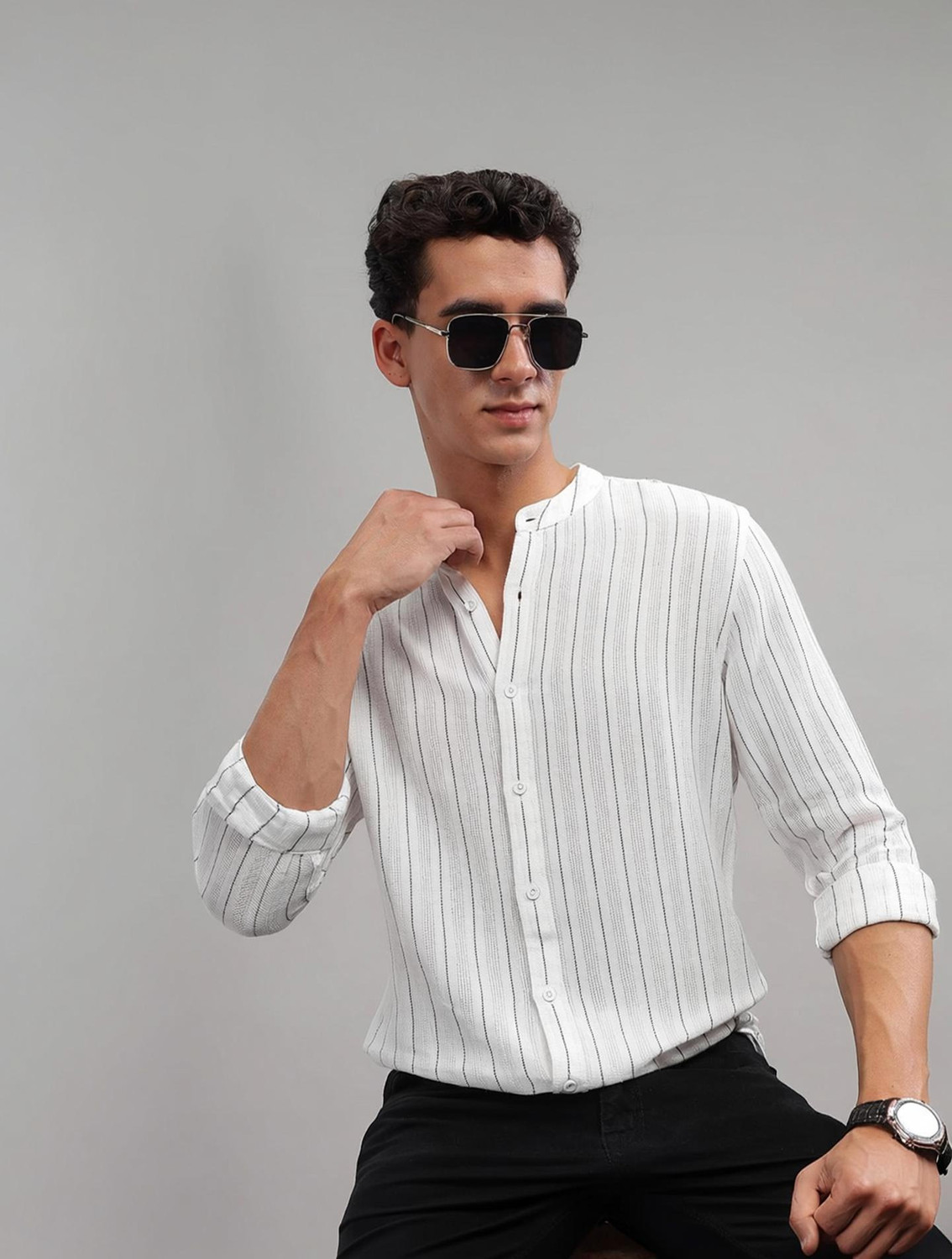 Image of HERE&NOW Men Striped Casual White Shirt