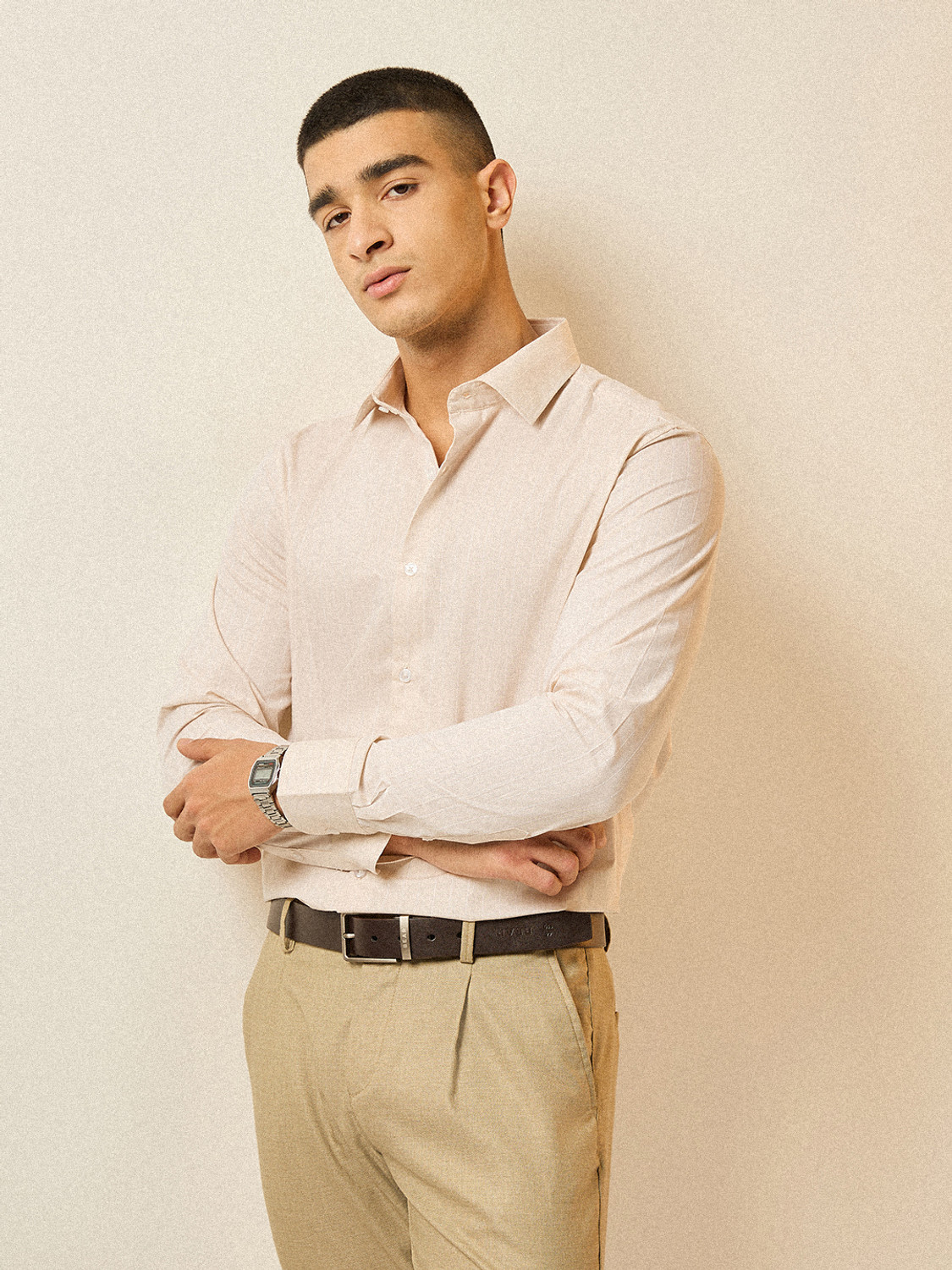 Image of THE BEAR HOUSE Men Striped Casual Beige Shirt