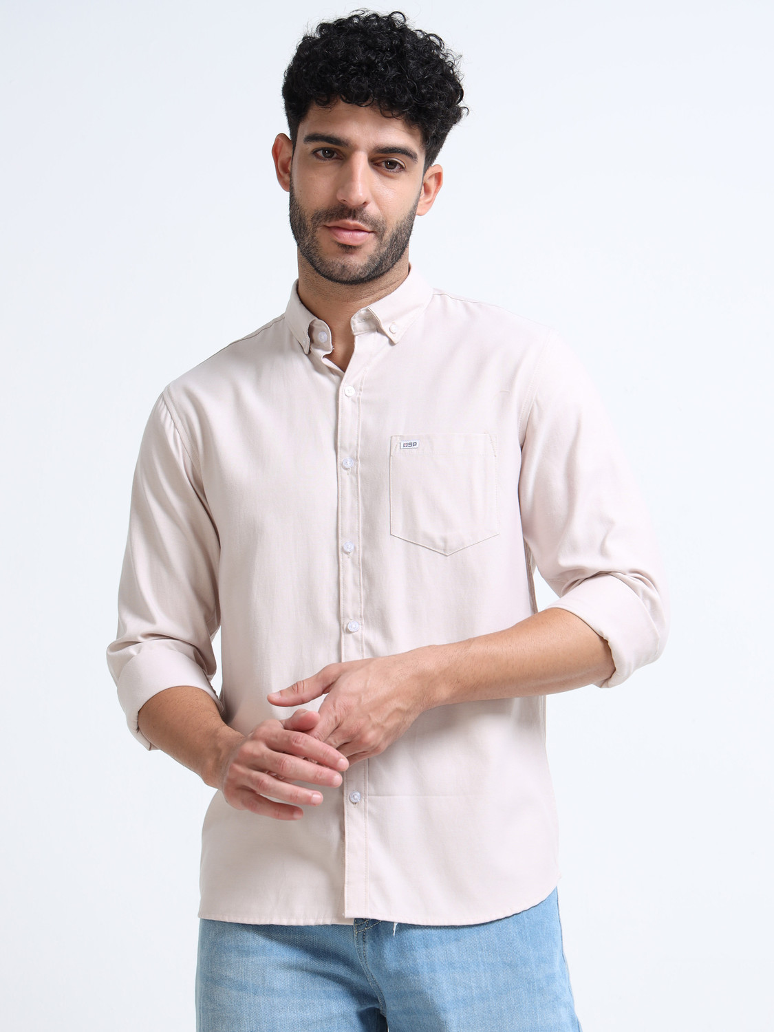 Image of U.S. Pitchers Men Solid Casual Beige Shirt