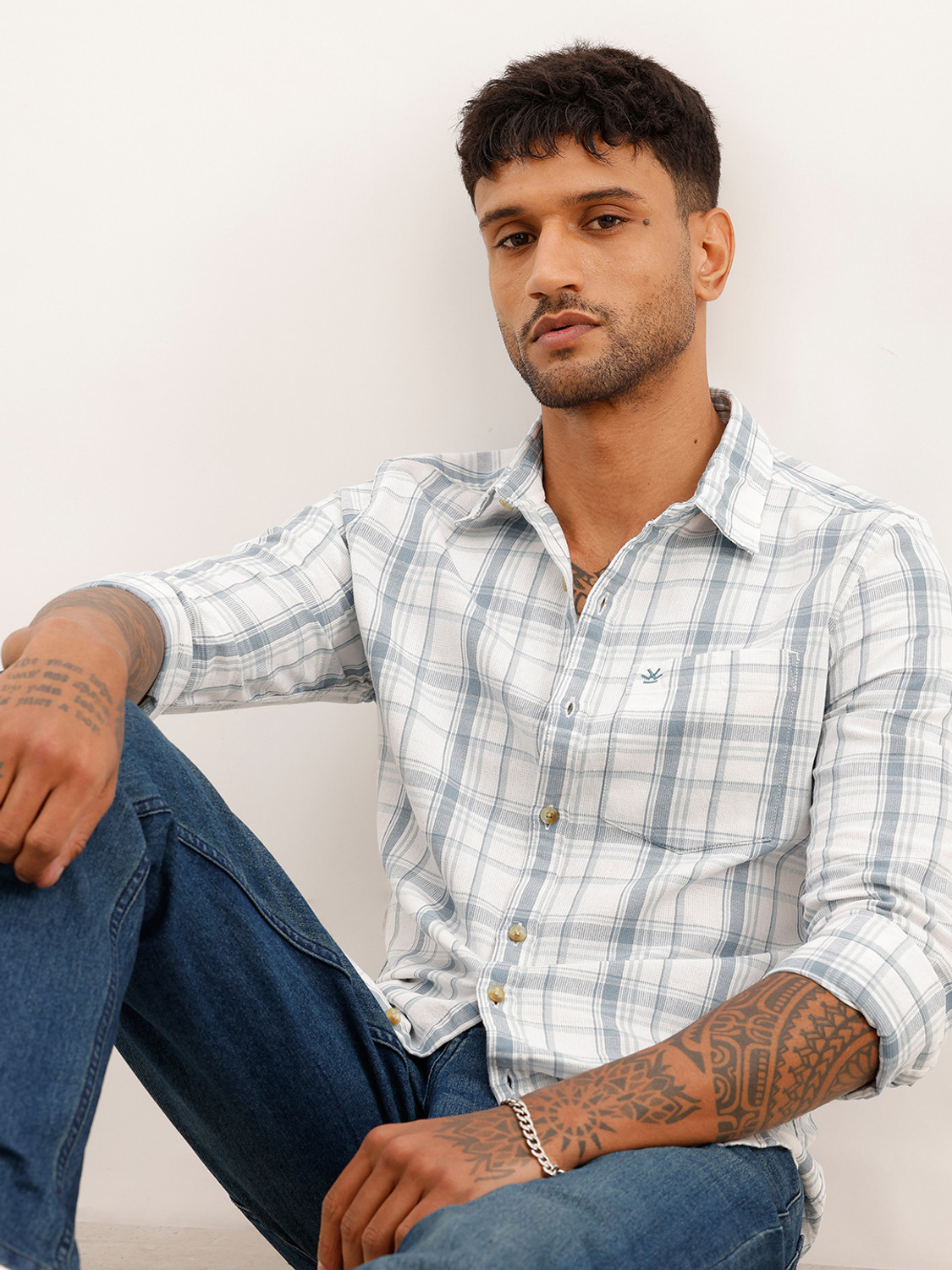 Image of WROGN Men Checkered Casual White Shirt