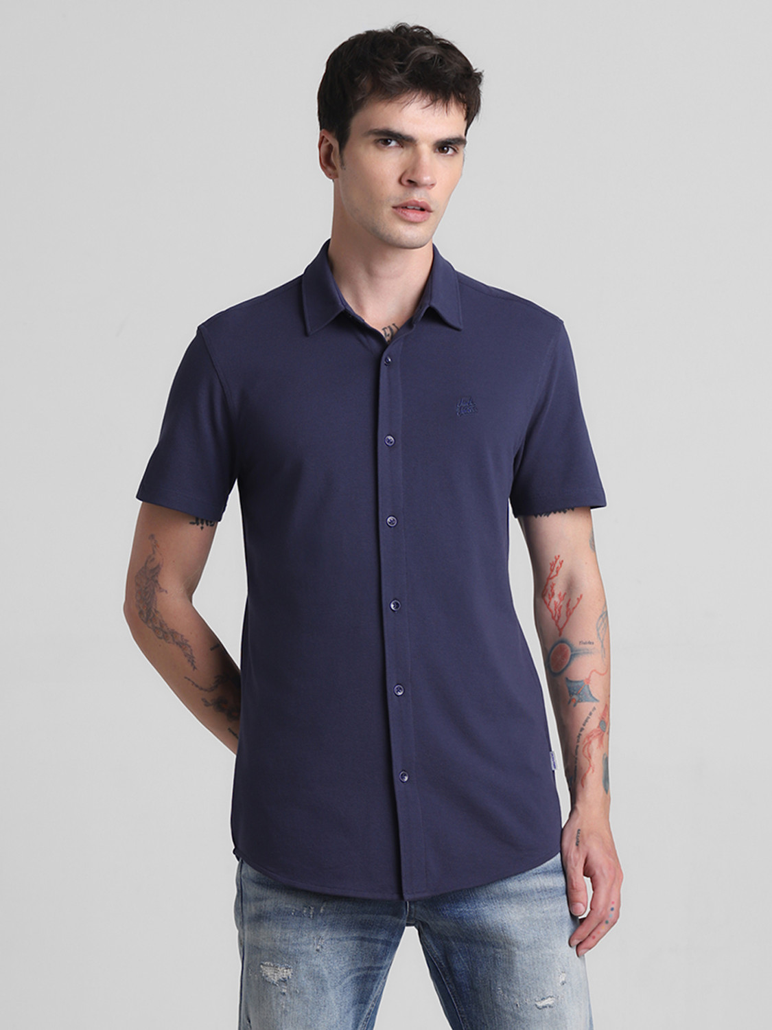 Image of JACK & JONES Men Solid Casual Dark Blue Shirt