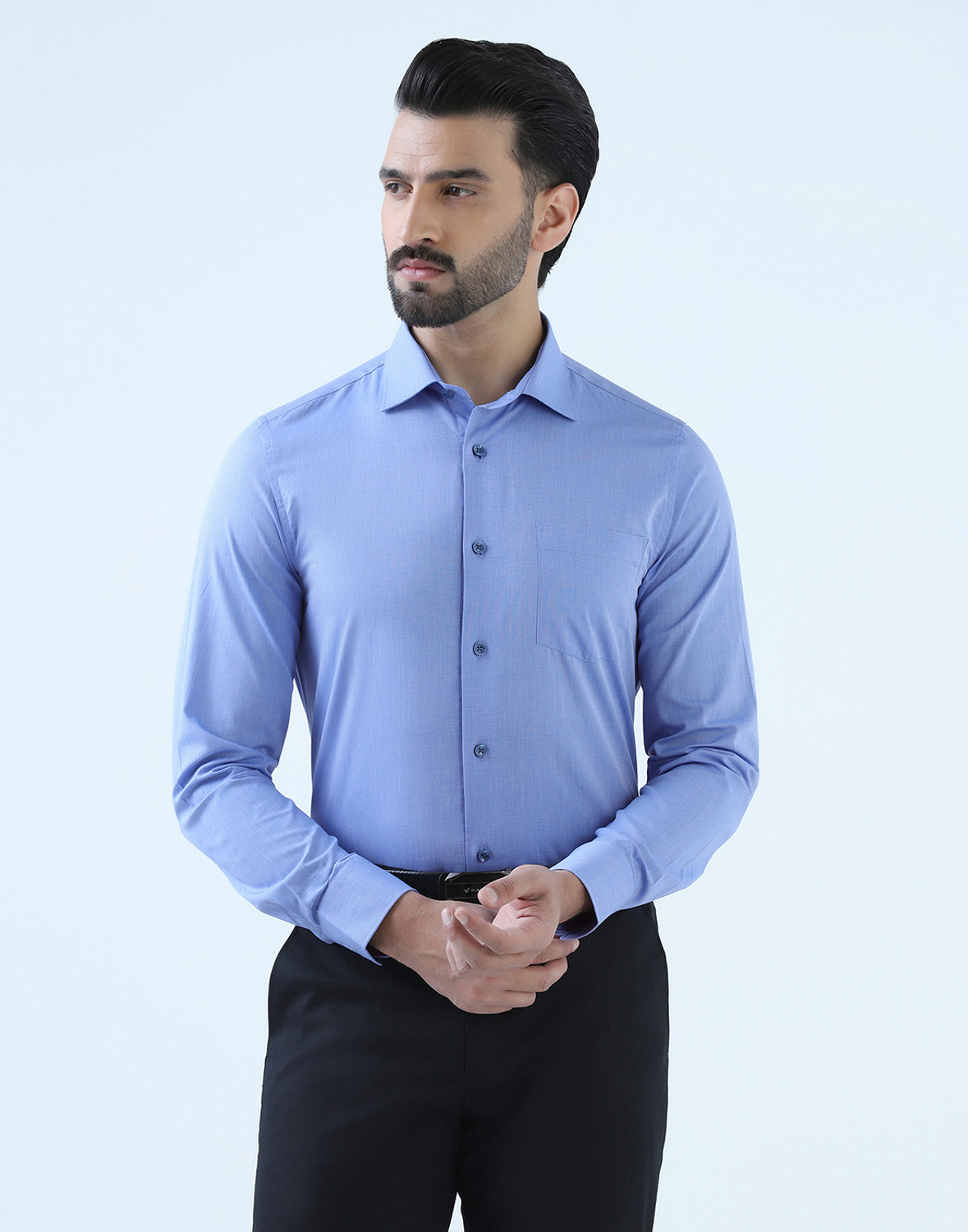 Image of Blackberrys Men Self Design Formal Blue Shirt