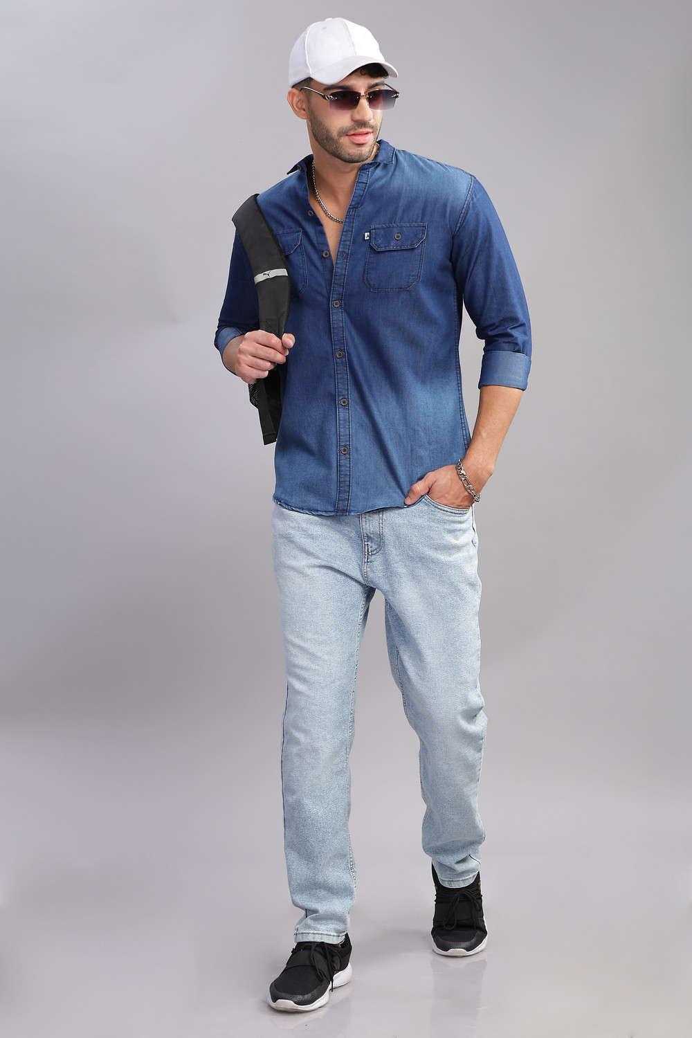 Image of AIDAN PAUL Men Washed Casual Dark Blue Shirt