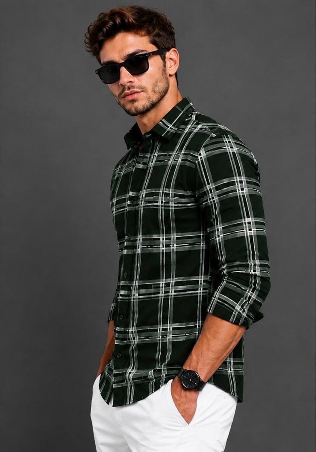 Image of RadhiFaishon Men Checkered Formal Dark Green Shirt
