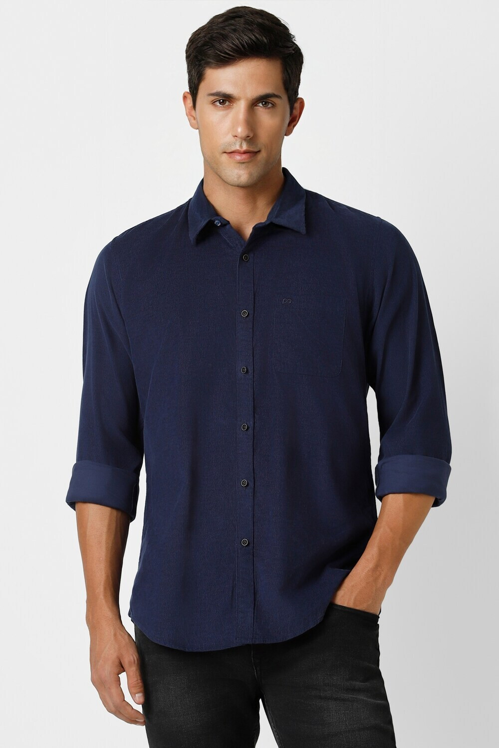 Image of PETER ENGLAND Men Solid Casual Dark Blue Shirt