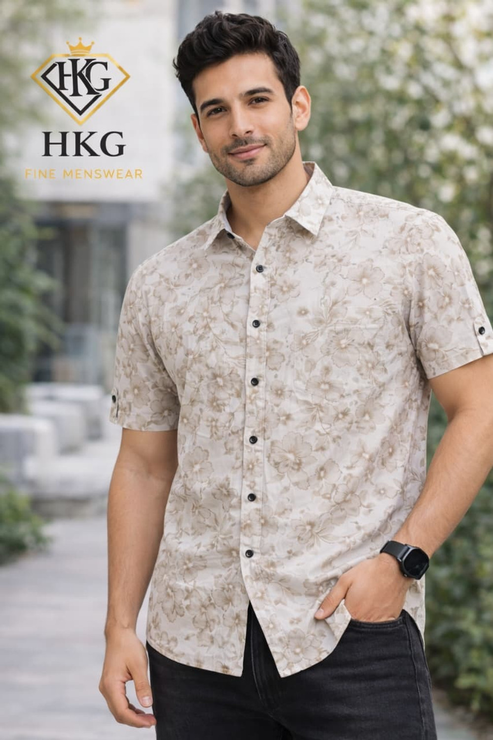 Image of HKG Men Floral Print Casual Beige Shirt
