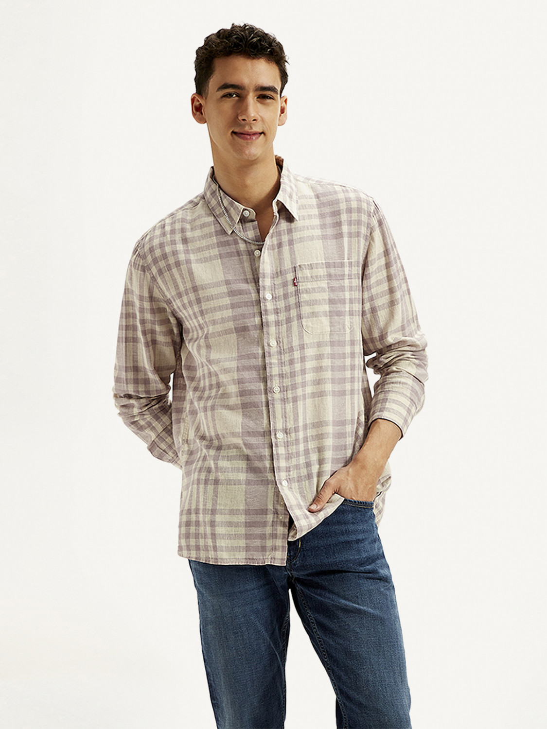 Image of LEVI'S Men Checkered Casual Beige Shirt