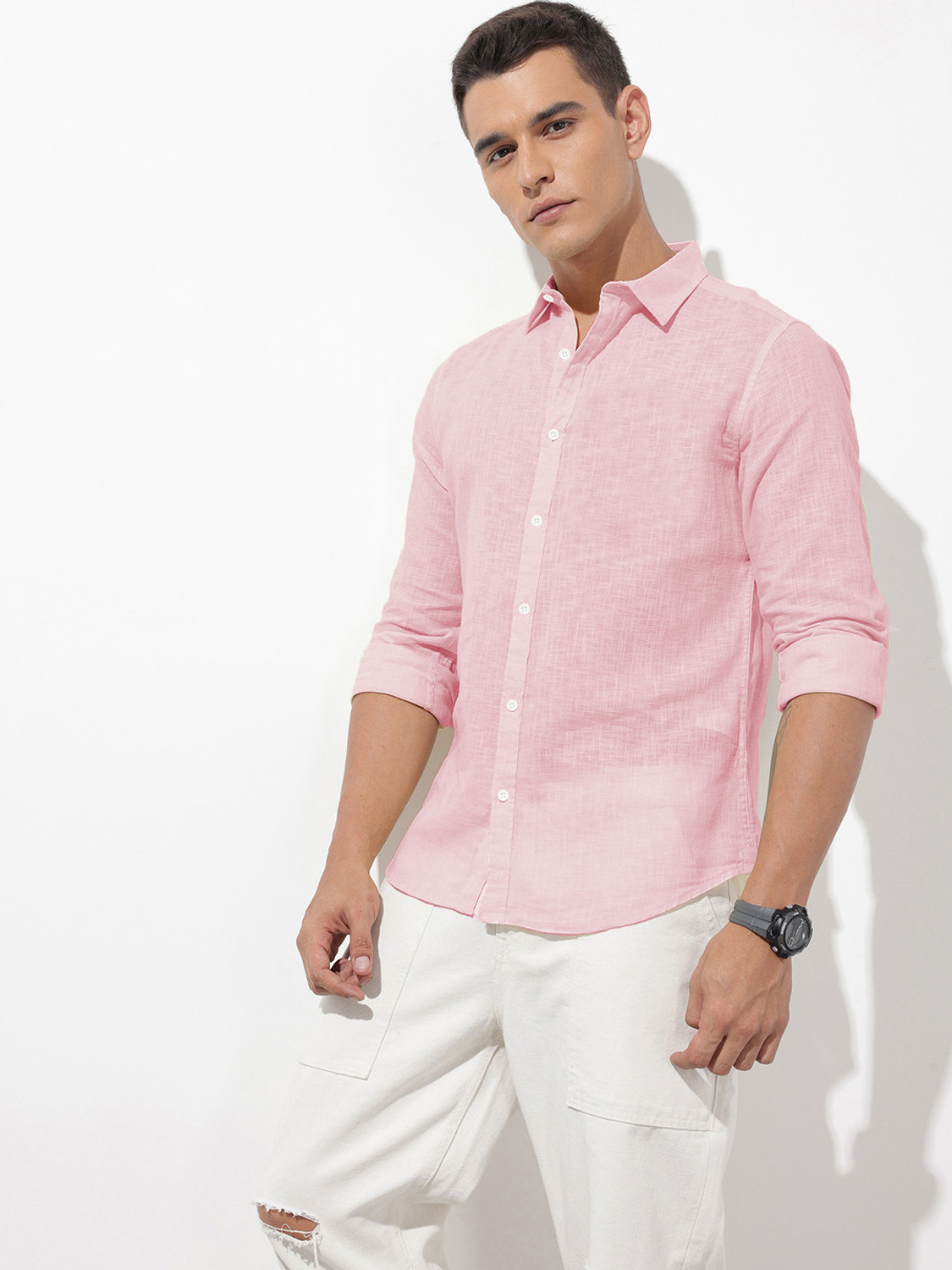 Image of SHIRTZONE Men Solid Casual Pink Shirt