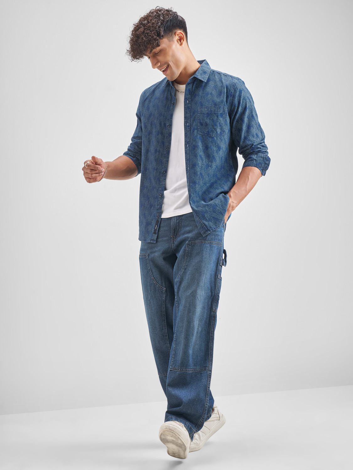 Image of LOCOMOTIVE Men Self Design Casual Blue Shirt