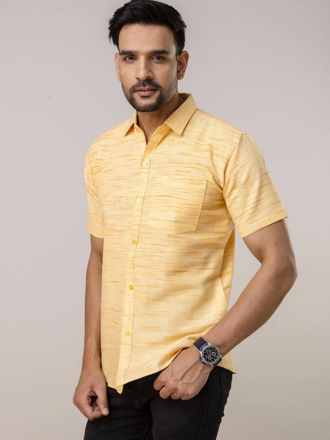 AuzaSho Collection Men Solid Casual Yellow Shirt