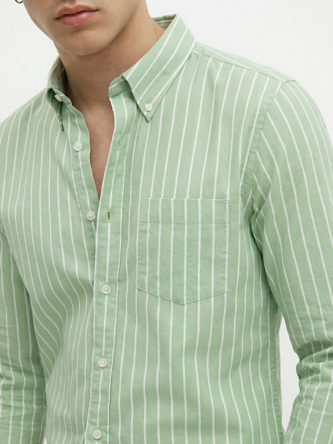 Image of METRONAUT Men Striped Casual Light Green Shirt