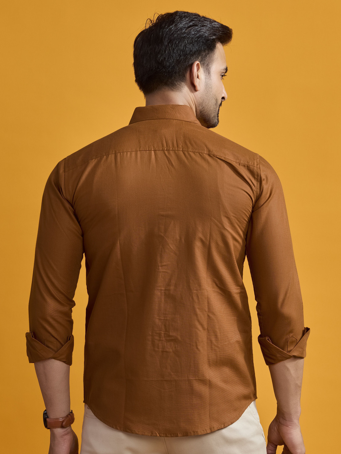 Image of STONEBERG Men Solid Formal Brown Shirt