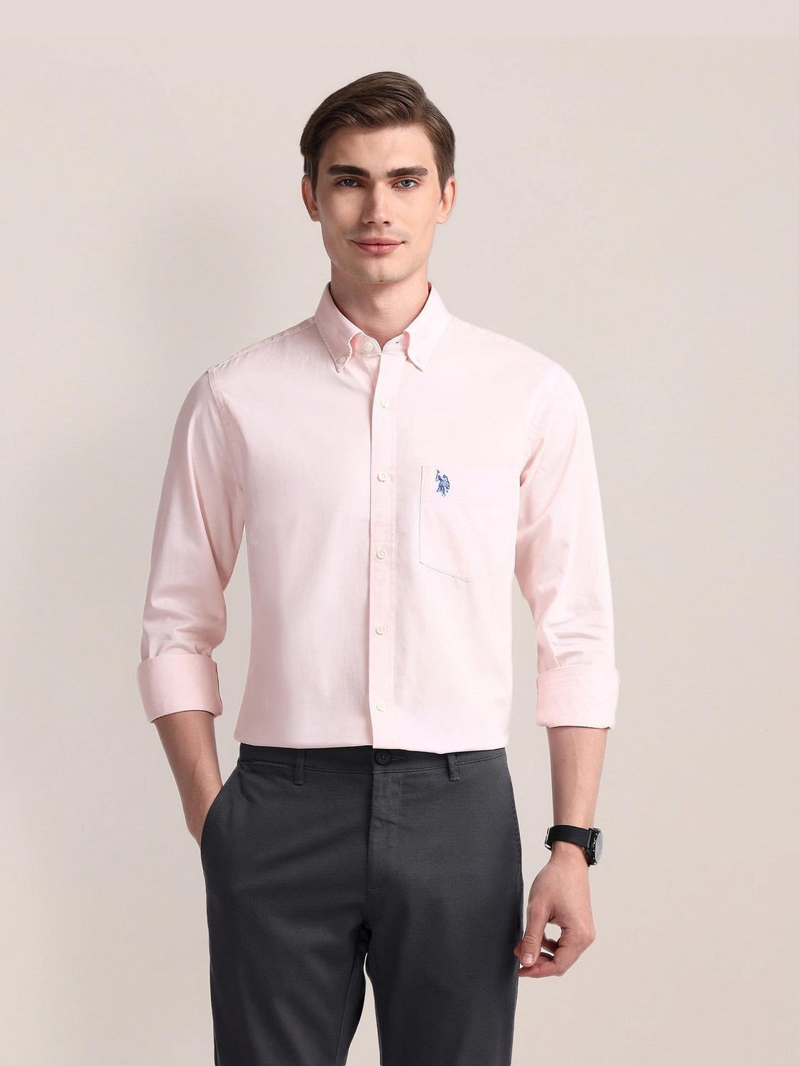 U.S. POLO ASSN. Men Solid Formal Pink Shirt
