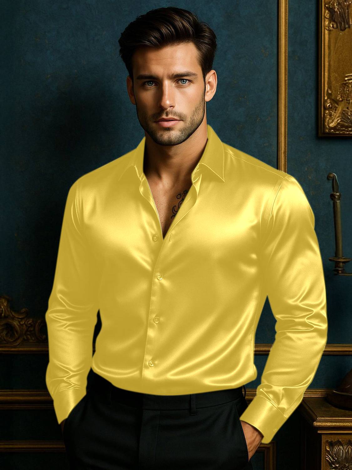 BROCON Men Solid Party Yellow Shirt
