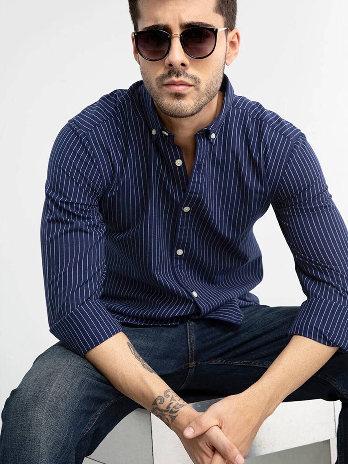 Snitch Men Dark Blue, White Striped Shirt - Image 4