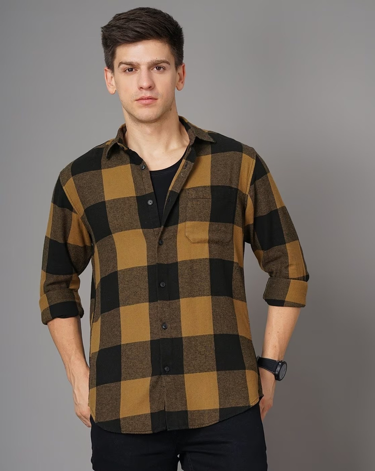 Image of British Club Men Checkered Casual Yellow, Black Shirt