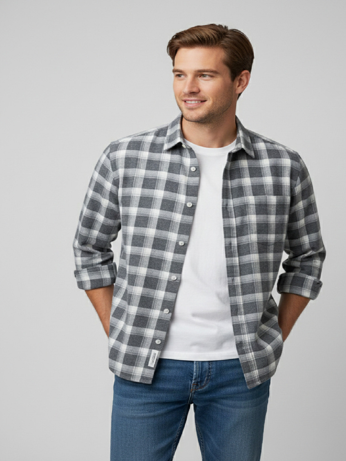 Image of Jai Textiles Men Checkered Casual Grey Shirt