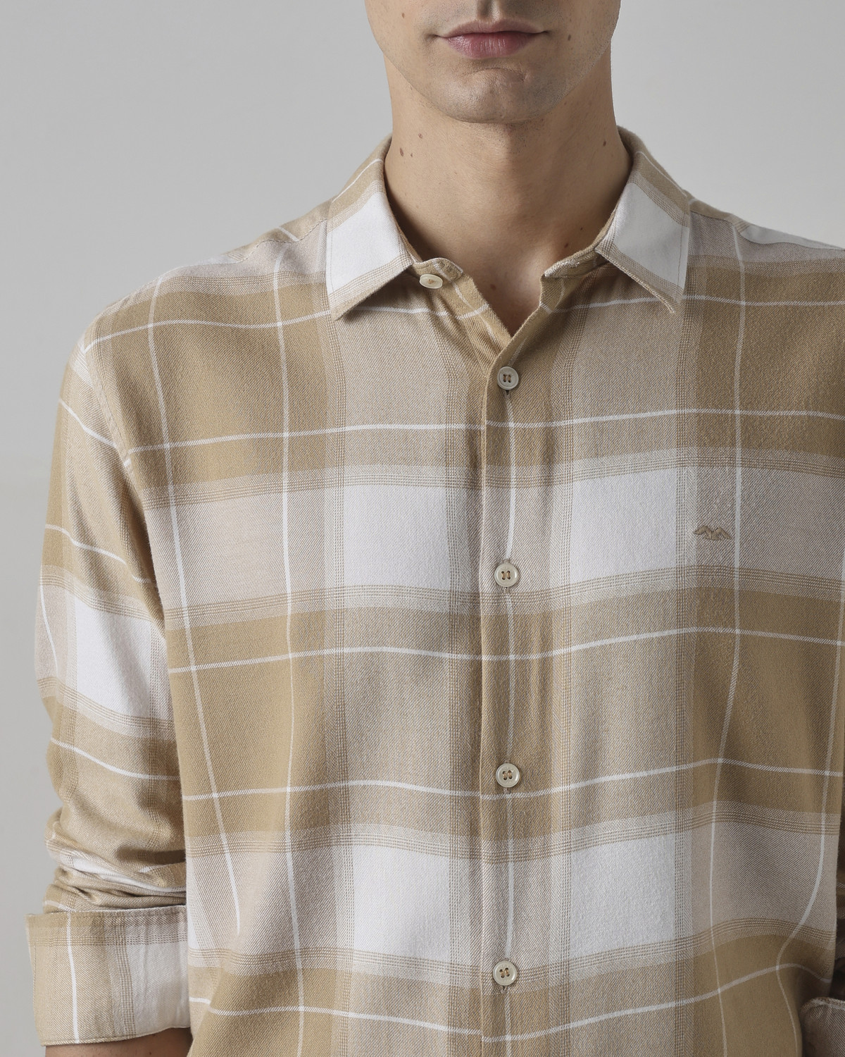 Image of MUFTI Men Checkered Casual Beige Shirt
