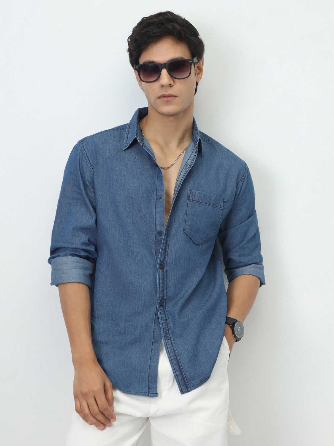 Image of Urbano Fashion Men Solid Casual Blue Shirt