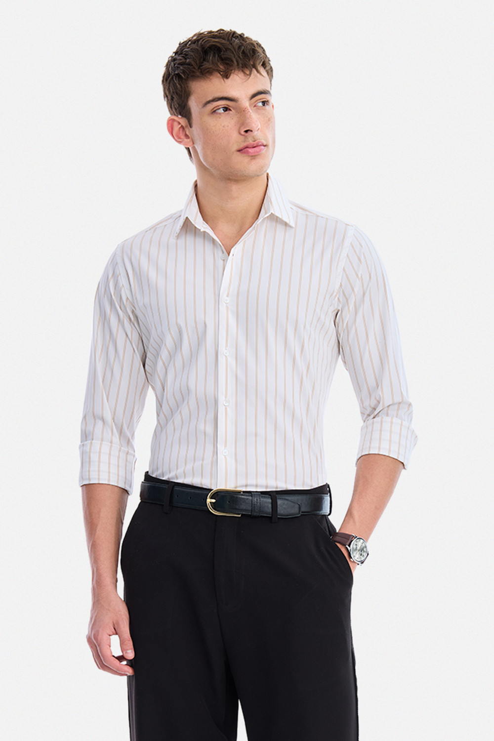 Image of Snitch Men Striped Casual White Shirt