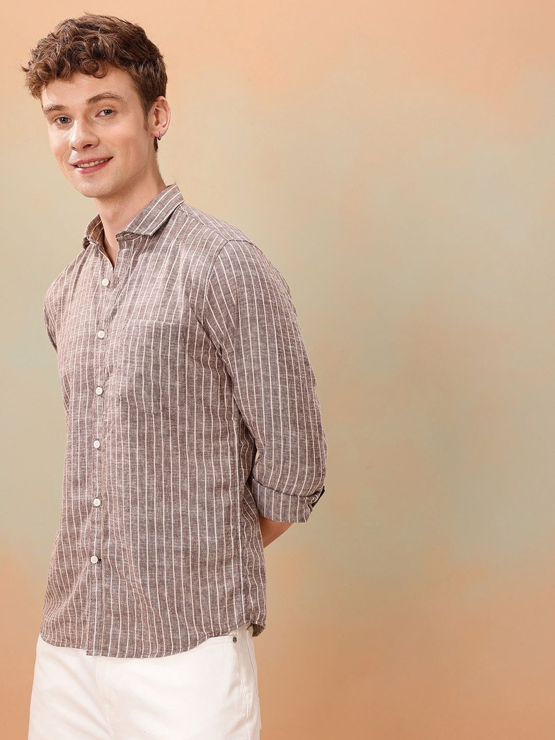Image of Mast & Harbour Men Striped Casual Brown Shirt