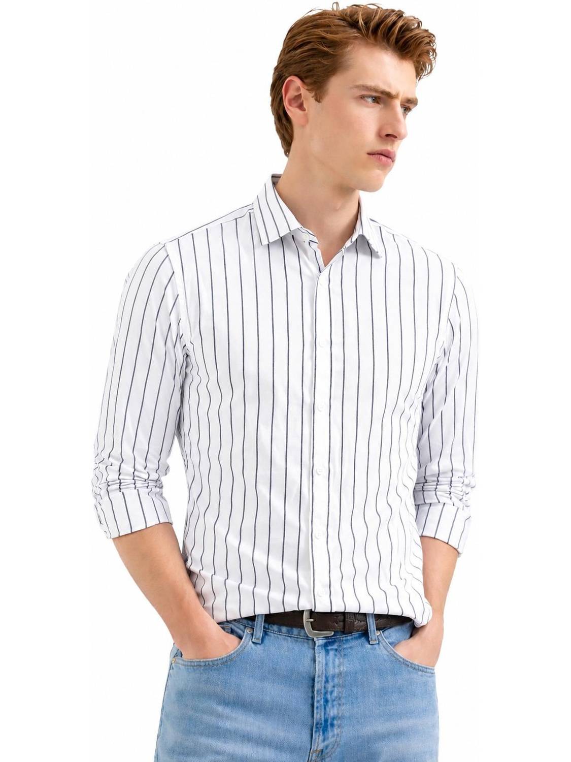 CAMBREEN Men Striped Casual White, Black Shirt