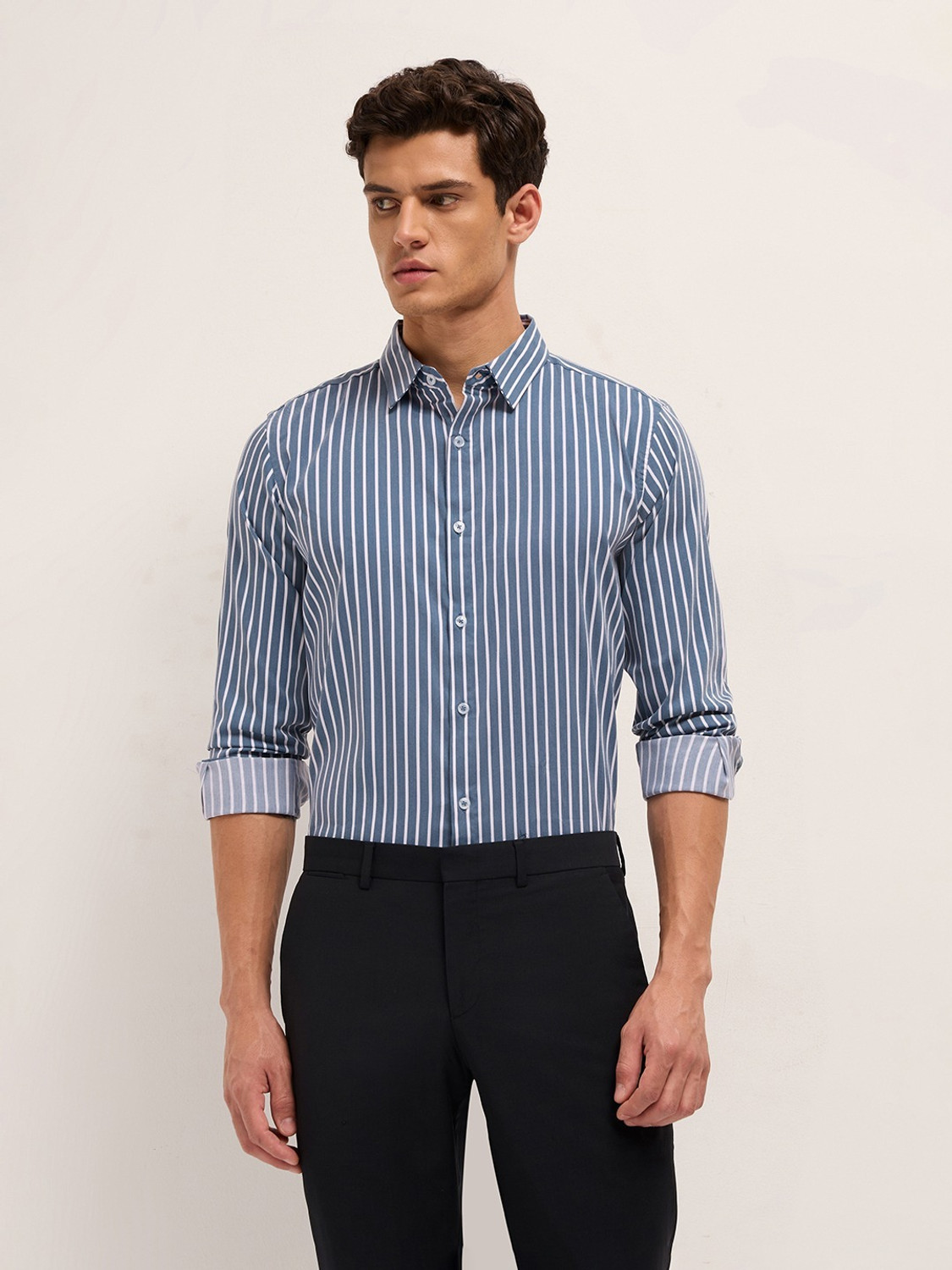 Image of MISCHIEF Monkey Men Striped Casual Blue Shirt