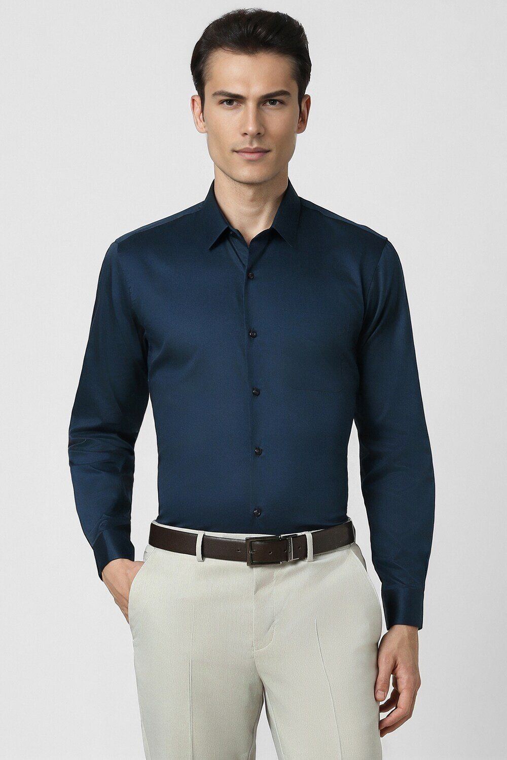 Image of PETER ENGLAND Men Self Design Formal Dark Blue Shirt