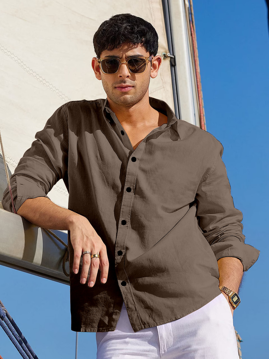 Image of Stylora Men Solid Casual Brown Shirt