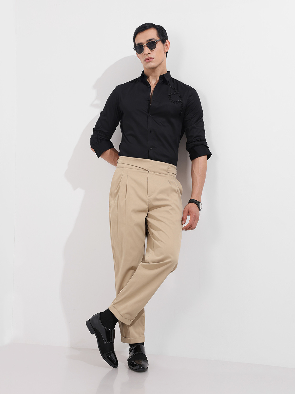 Image of The Indian Garage Co. Men Slim Fit Embellished Cut Away Collar Party Shirt