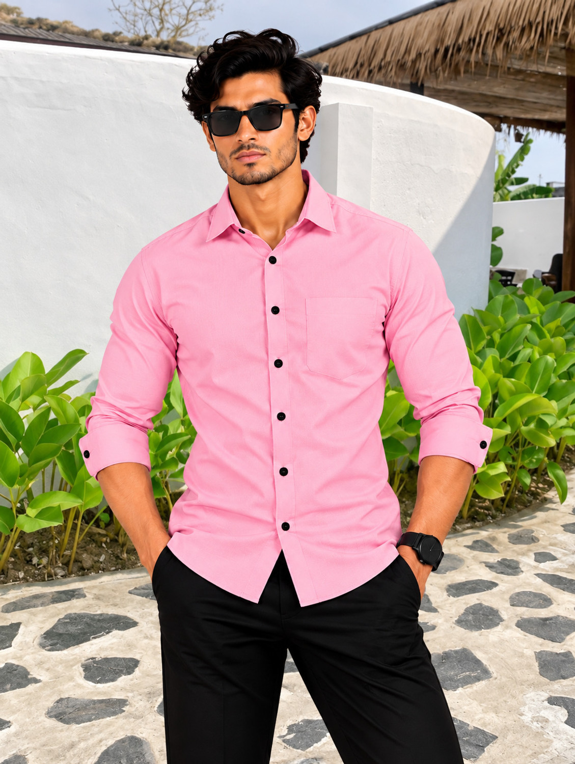 Image of DADA Men Regular Fit Solid Spread Collar Formal Shirt