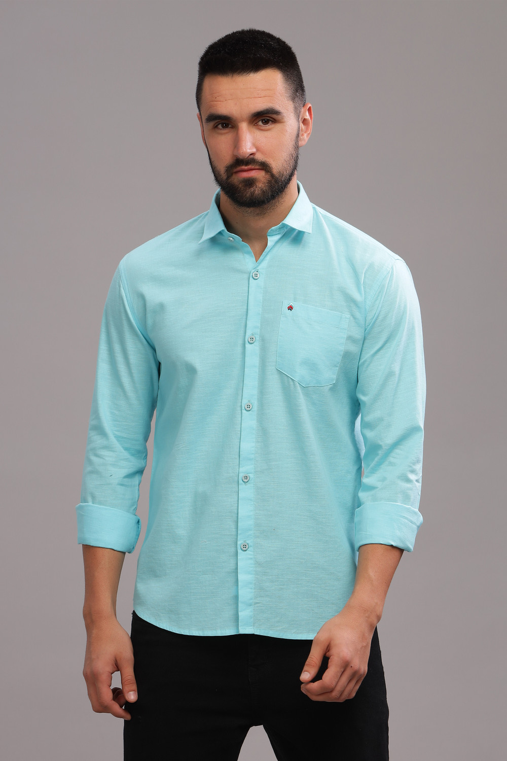Image of BLUE SQUAD Men Solid Casual Blue Shirt