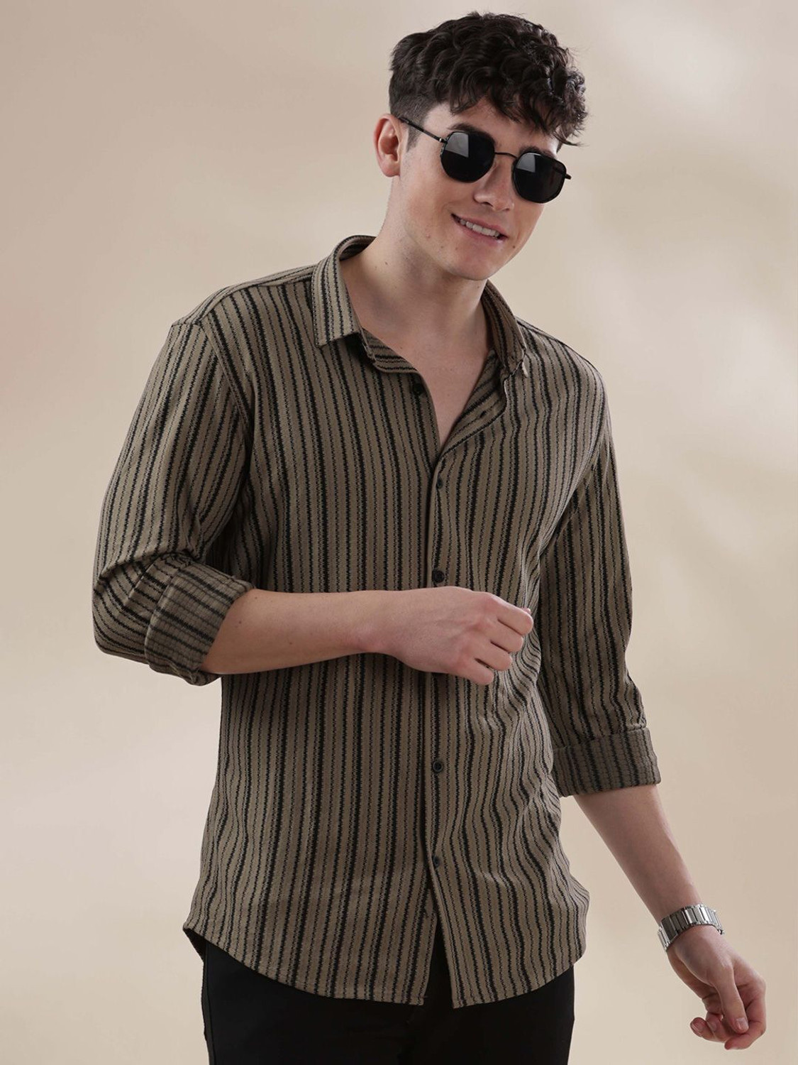 Image of HERE&NOW Men Self Design Casual Green Shirt