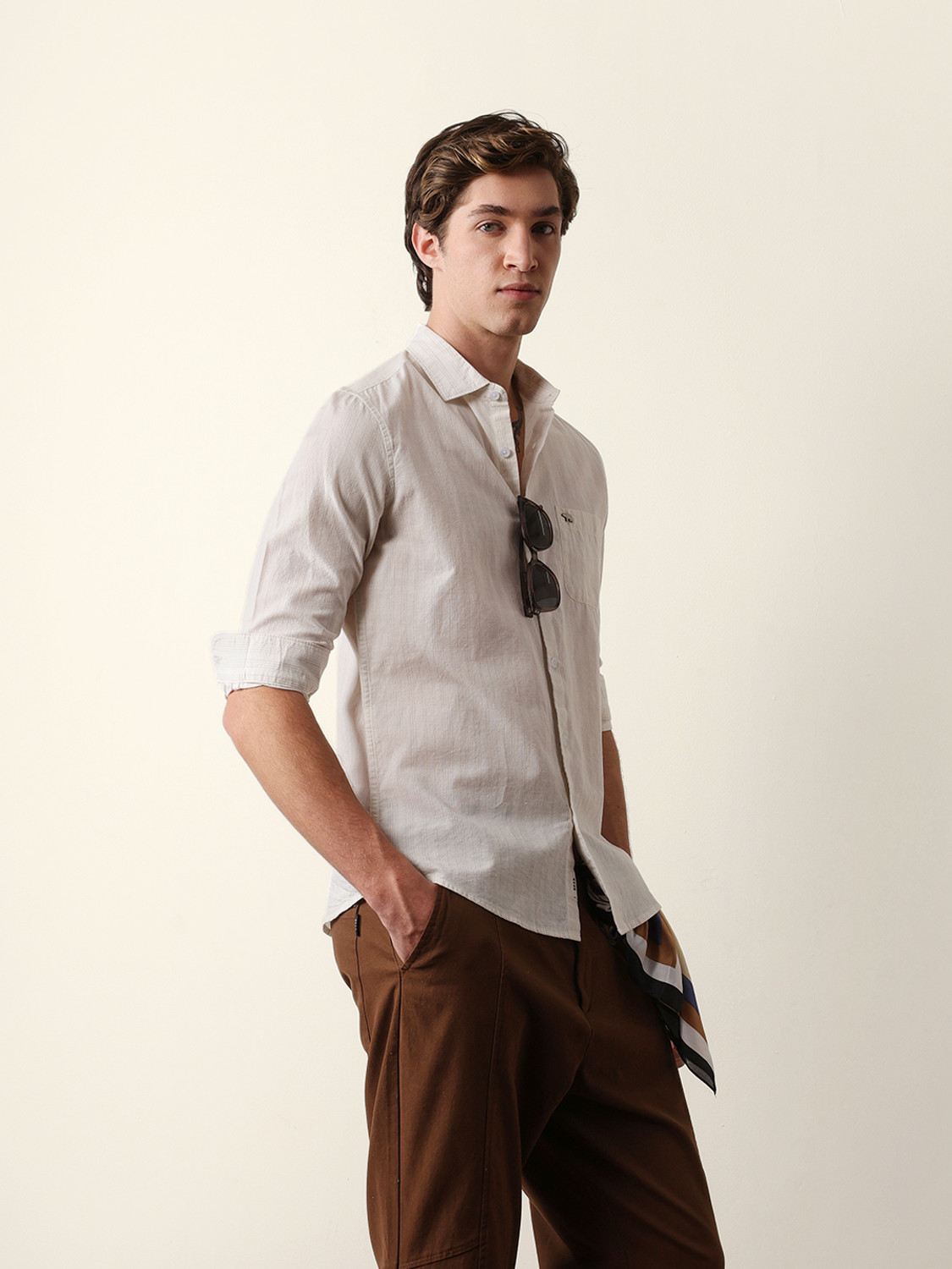 Image of THE BEAR HOUSE Men Striped Casual Beige Shirt