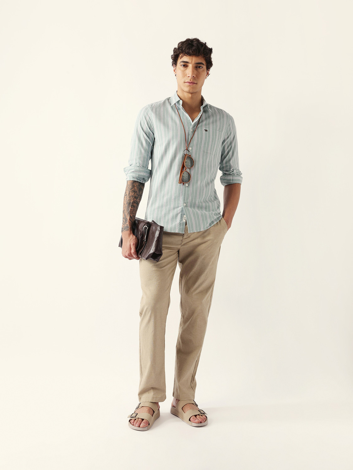 Image of THE BEAR HOUSE Men Striped Casual Light Green Shirt